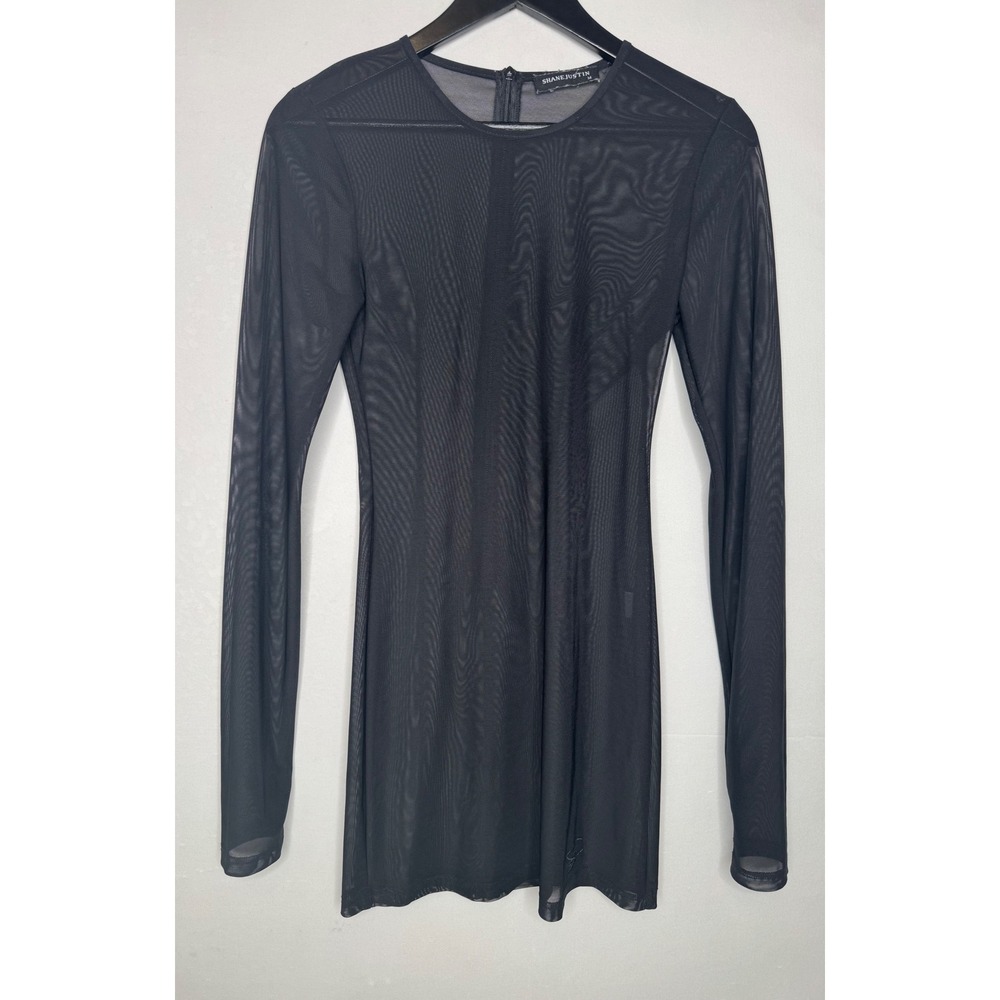 SHANE JUSTIN‎ Black Mesh Long Sleeve Mini Dress Sheer Laced Detail Size M